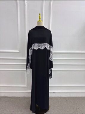 Black Nida Abaya Set w/ White Lace Trim + Chiffon Shayla  – Elegant Modest